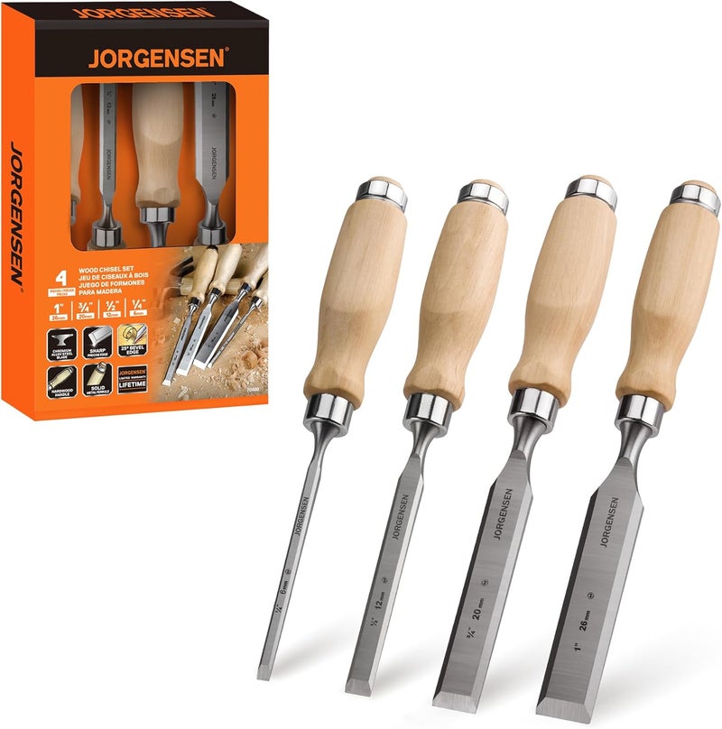 Jorgensen 4-Piece Wood Chisel Set, Chromium Alloy Steel Beveled Edge Wood Chisels, Wood Chisels for Woodworking, Ergonomic Hardwood Handle with Metal Ferrule, 1/4", 1/2", 3/4", 1" - Image 1